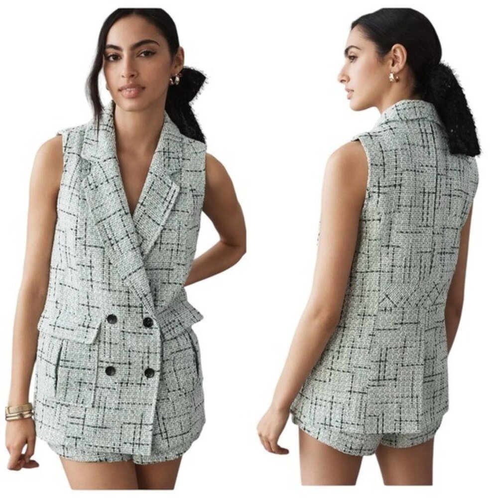 Anthropologie Maeve Tweed Vest Green with Black Plaid Pattern Size 14